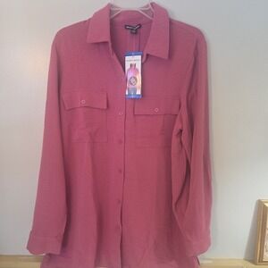 Hilary Radley Women's Long Sleeve Button Up Roll Tab Dark Pink Size L NWT Collar